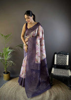 Fancy Purple linen silk saree with digital printed work