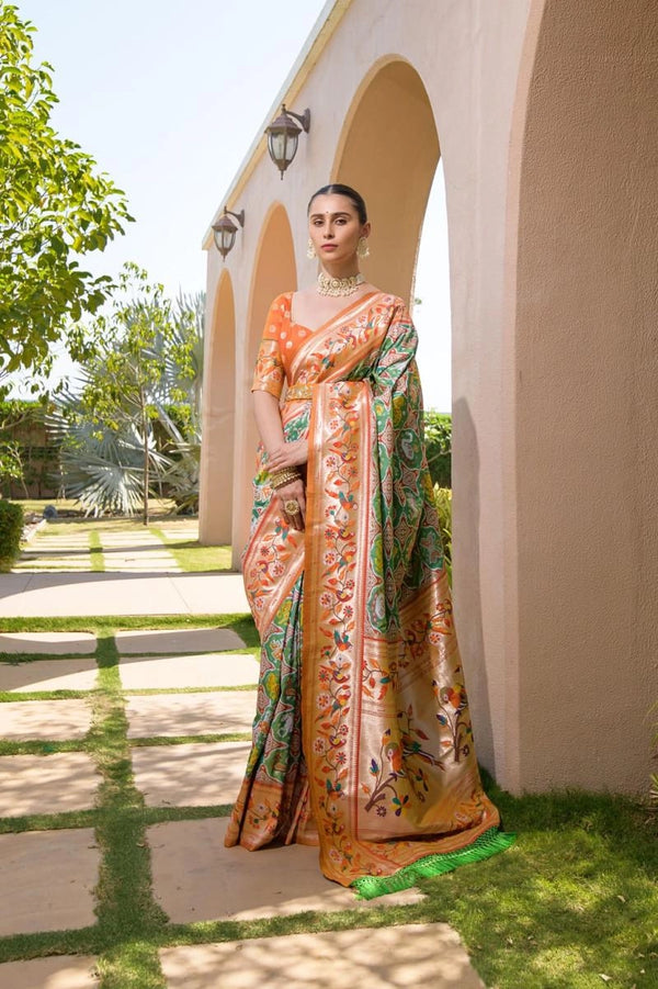 Parrity Paithani Silk Saree With Zari Weaving Work