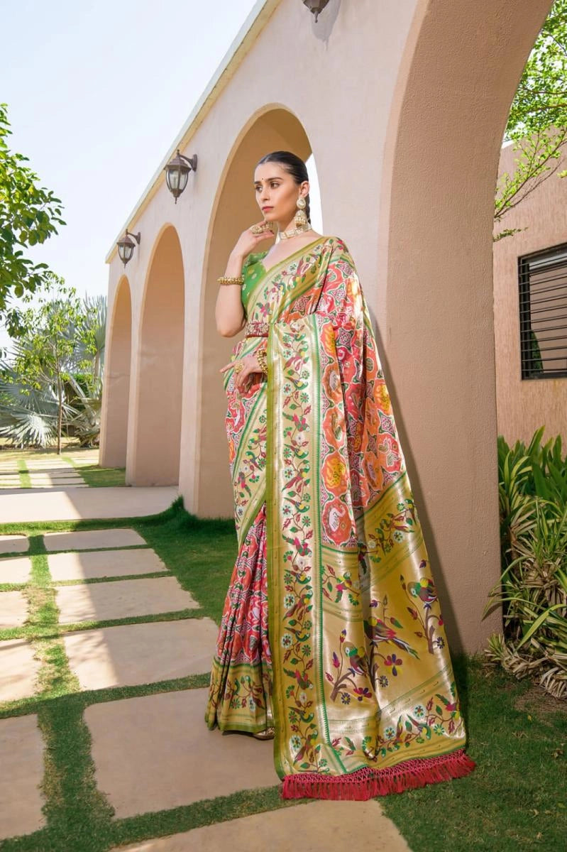 Parrity Paithani Silk Saree With Zari Weaving Work