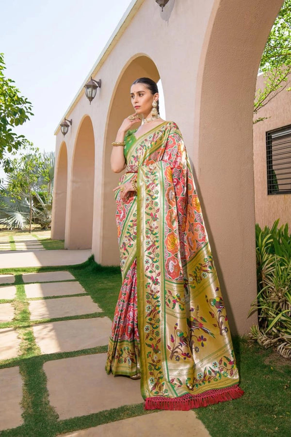 Parrity Paithani Silk Saree With Zari Weaving Work