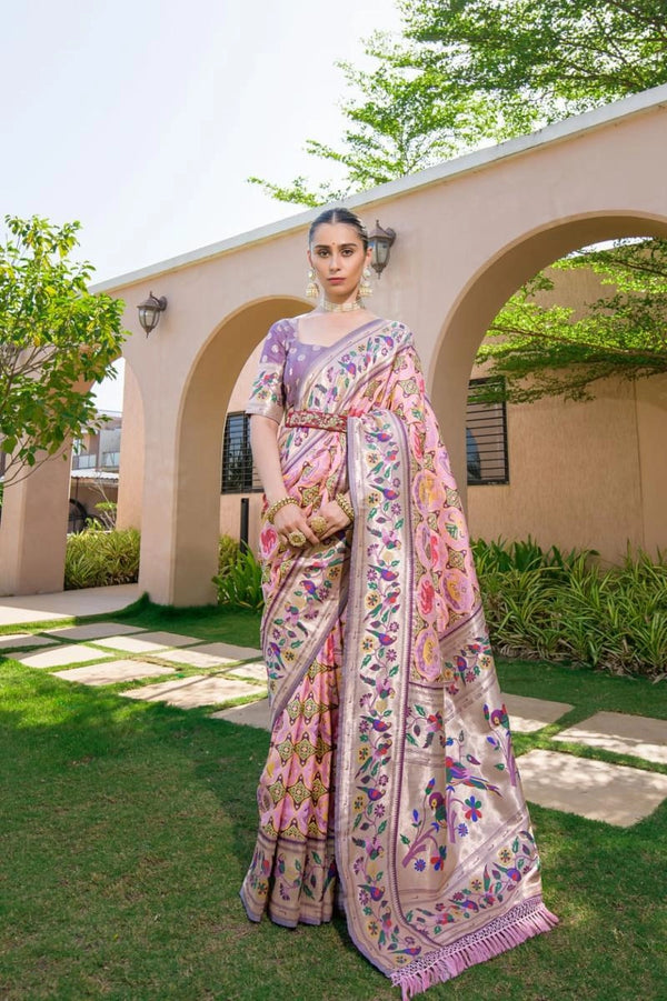 Parrity Paithani Silk Saree With Zari Weaving Work