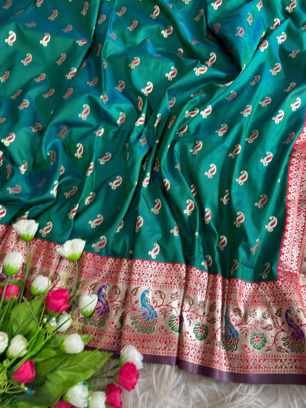 Rama green traditional paithani silk saree with peacock zari weaving work