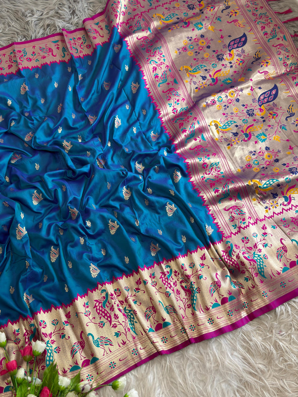 Firoji traditional paithani silk saree with peacock zari weaving work