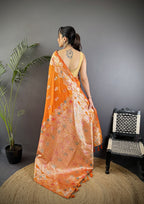 Orange premium banarasi silk saree with meenakari zari weaving work