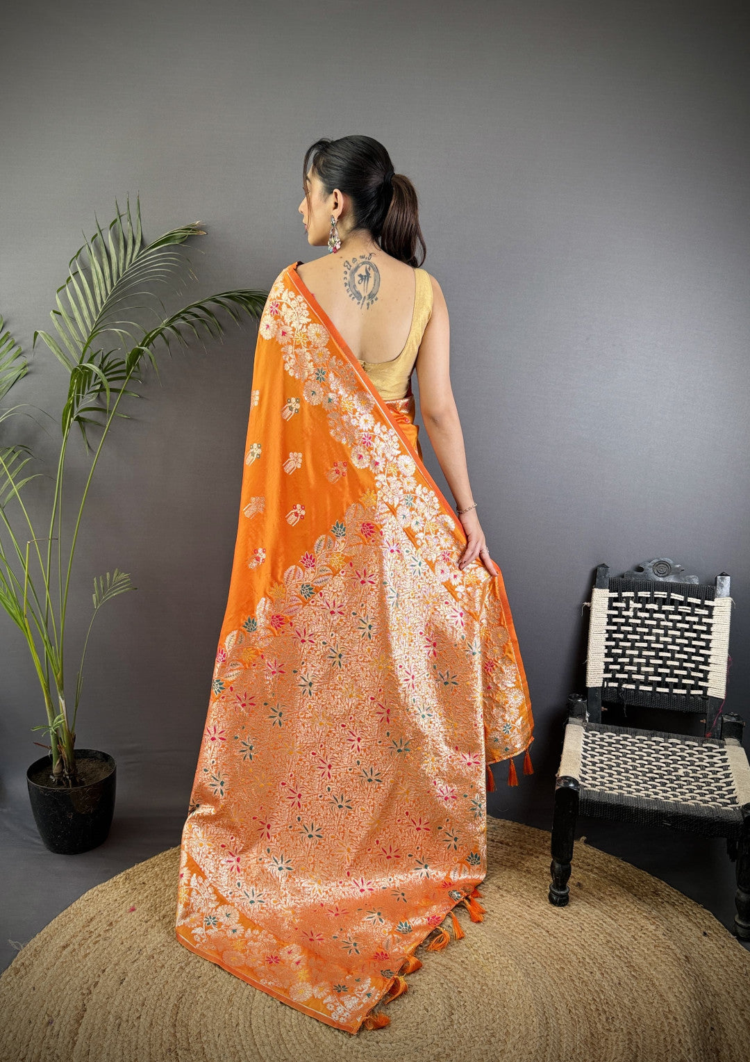 Orange premium banarasi silk saree with meenakari zari weaving work