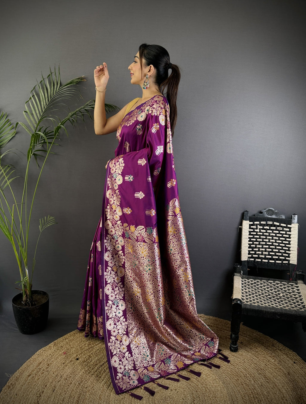 Purple premium banarasi silk saree with meenakari zari weaving work