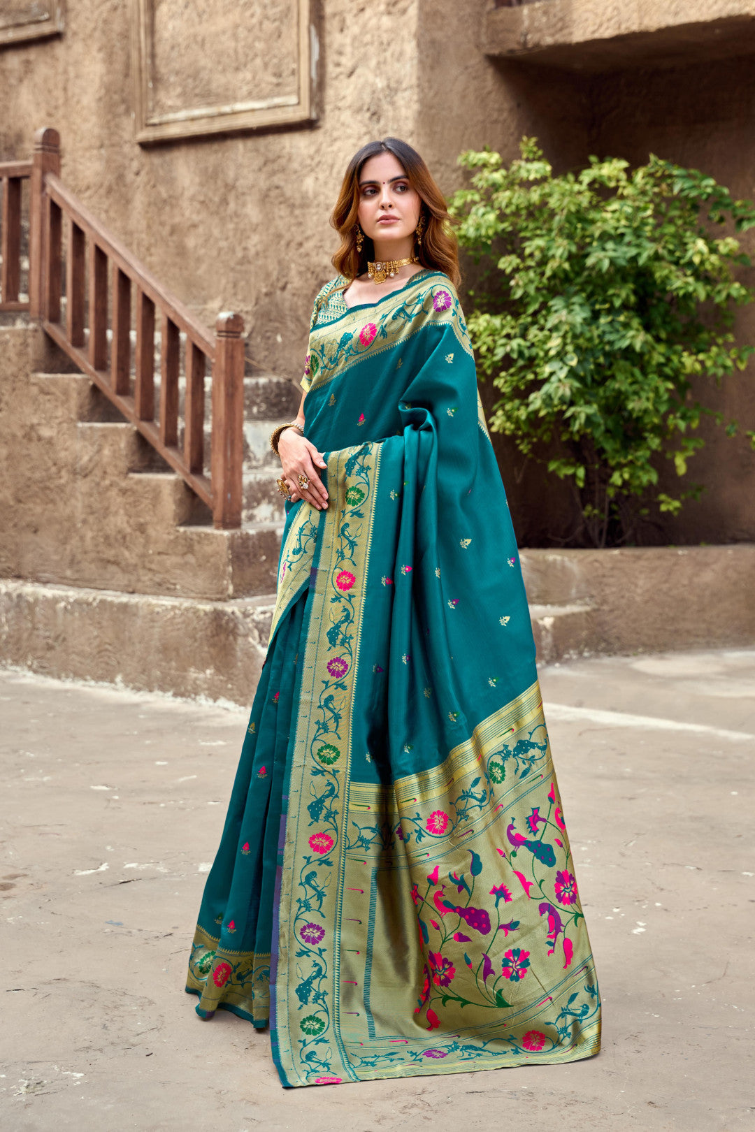 Traditional firoji paithani silk saree with zari weaving work