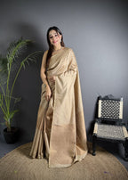 Beige color banarasi silk saree with zari weaving work
