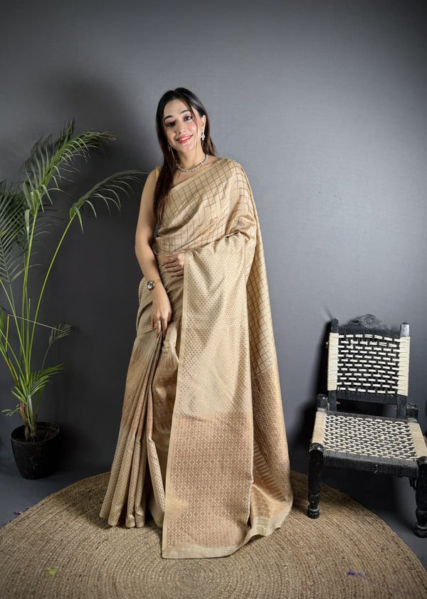 Beige color banarasi silk saree with zari weaving work
