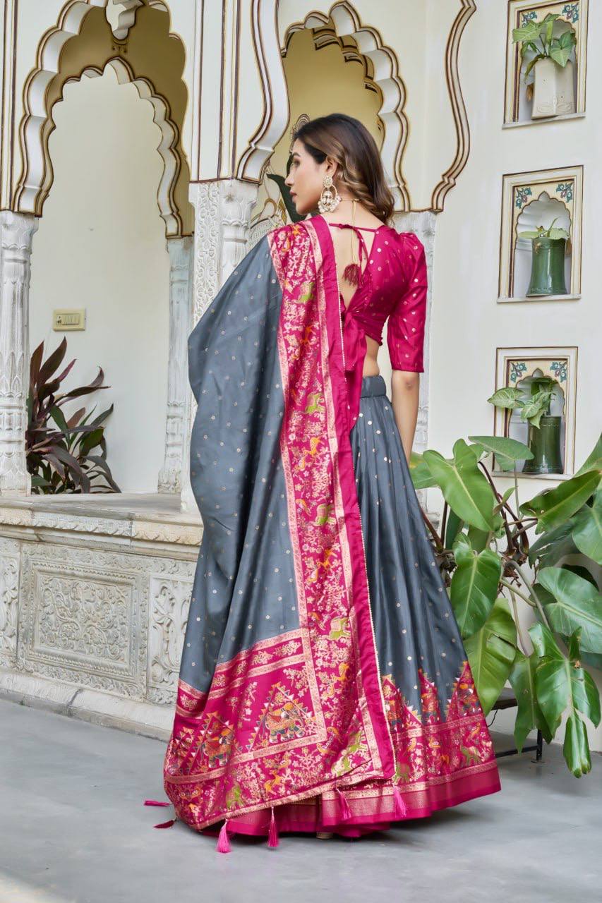 Gray and pink color dola silk lehenga with patola printed work