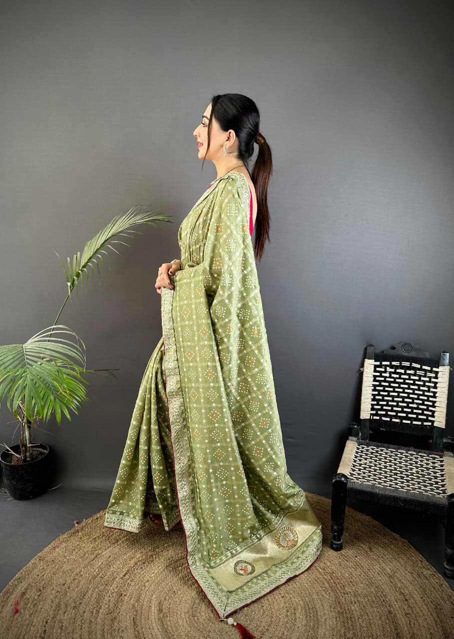 Parrot green traditional blooming vichitra khadi bandhej silk saree with sequence work