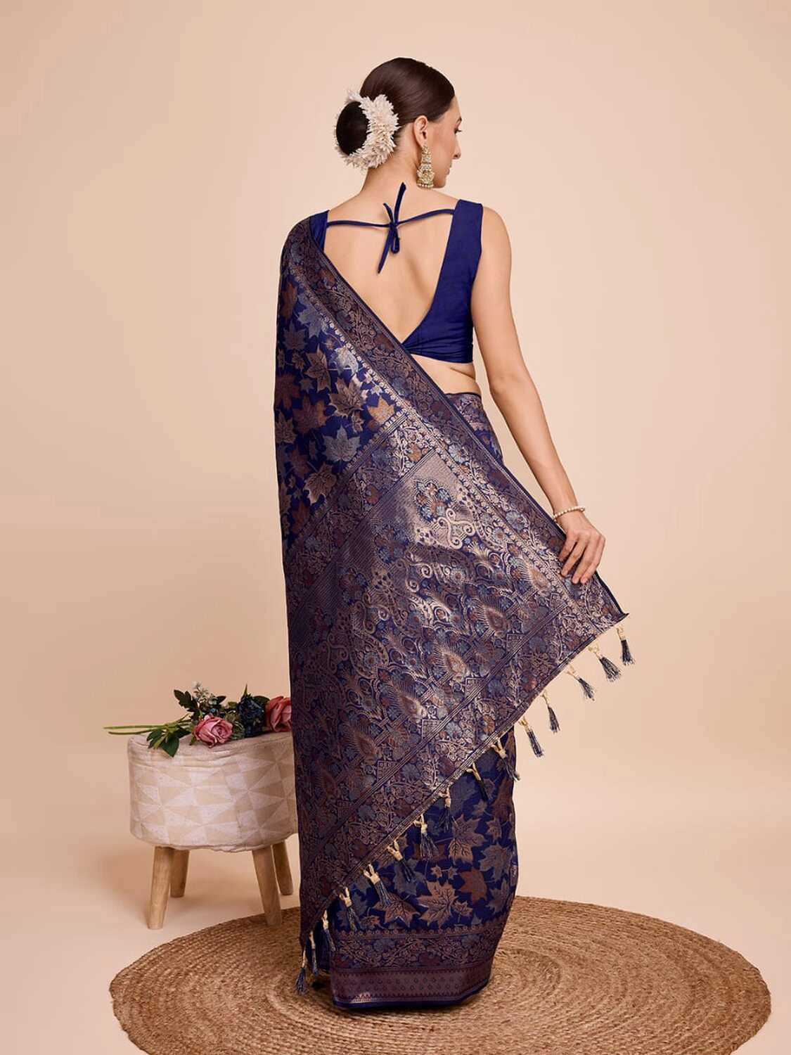 Golden & copper zari weaving with navy blue color soft silk banarasi saree