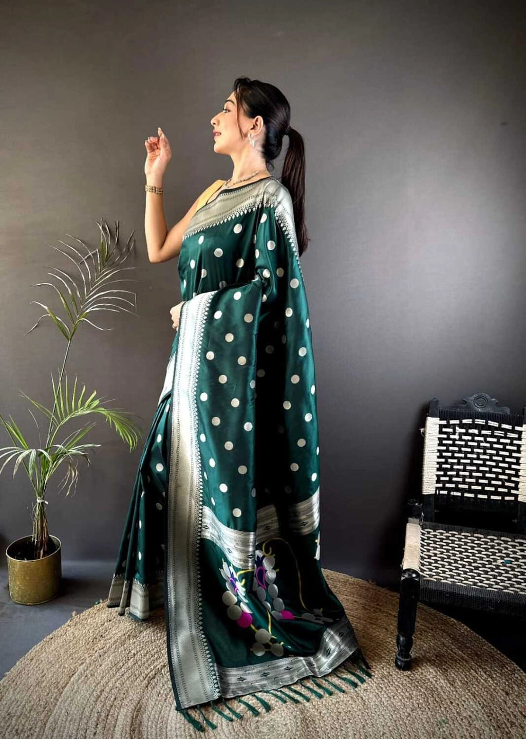 Bottle green Nath paithani silk saree with zari weaving work