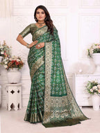 Green satin silk bandhej saree with zari weaving border & pallu