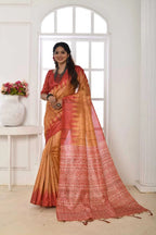 Mustard yellow color tussar silk saree with printed work