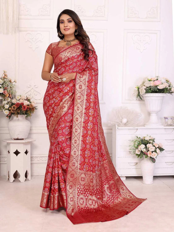 Maroon satin silk bandhej saree with zari weaving border & pallu