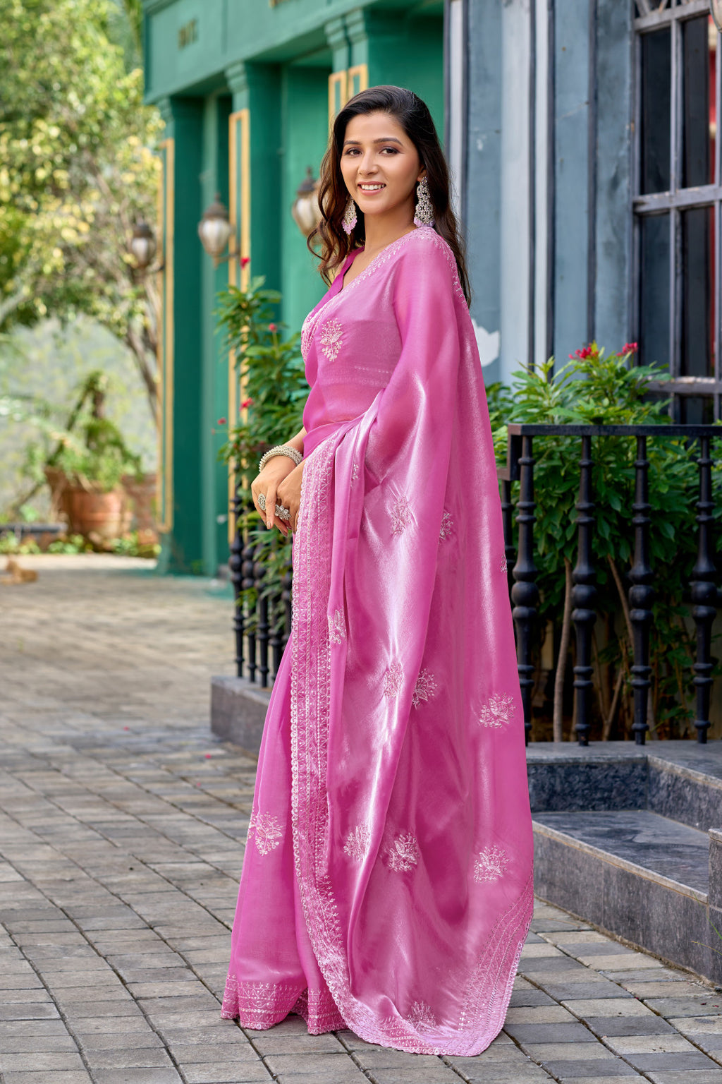 Baby pink fancy shimmer chiffon saree with embroidery work