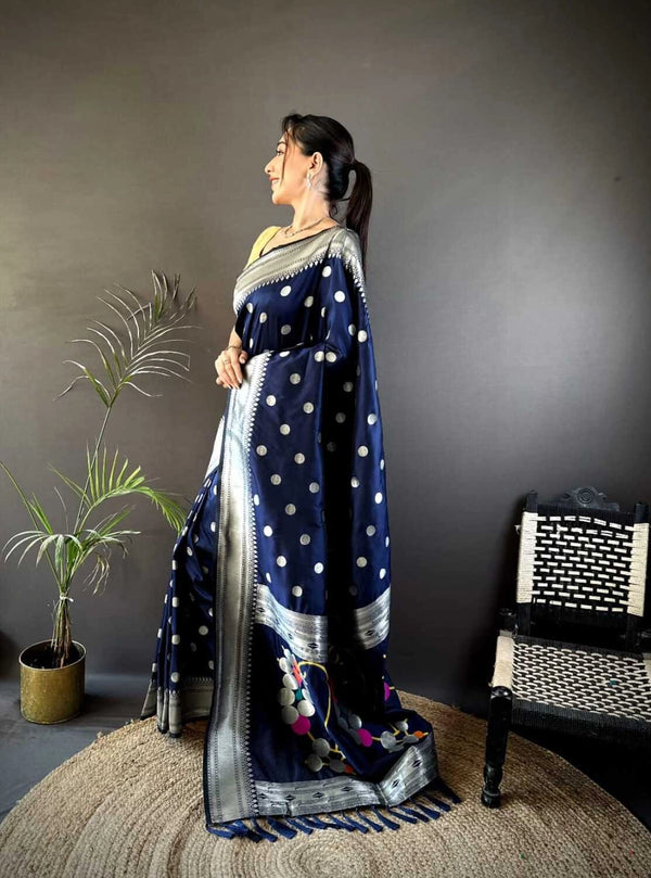 Navy blue Nath paithani silk saree with zari weaving work