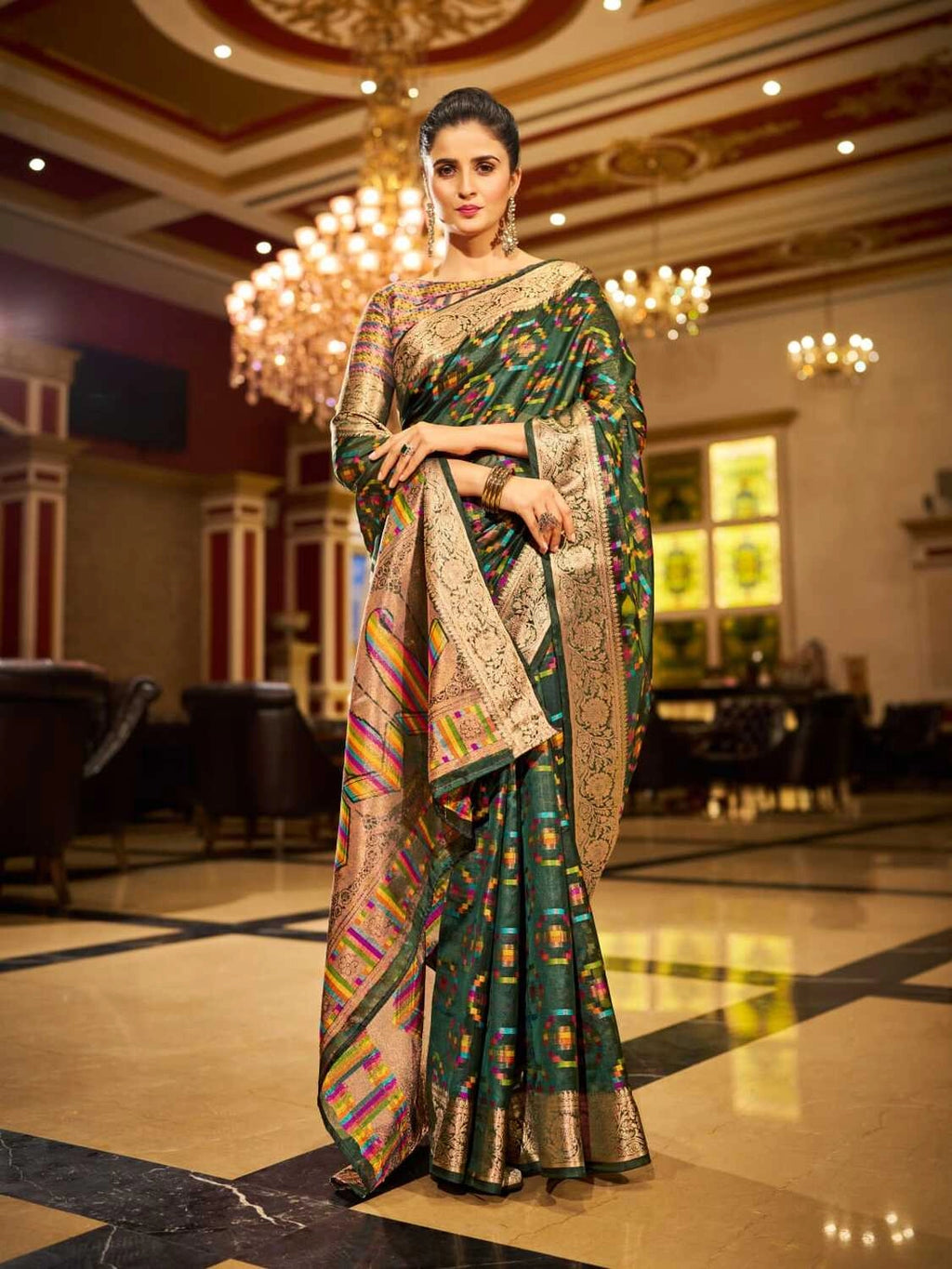 Green soft organza silk saree with zari weaving work