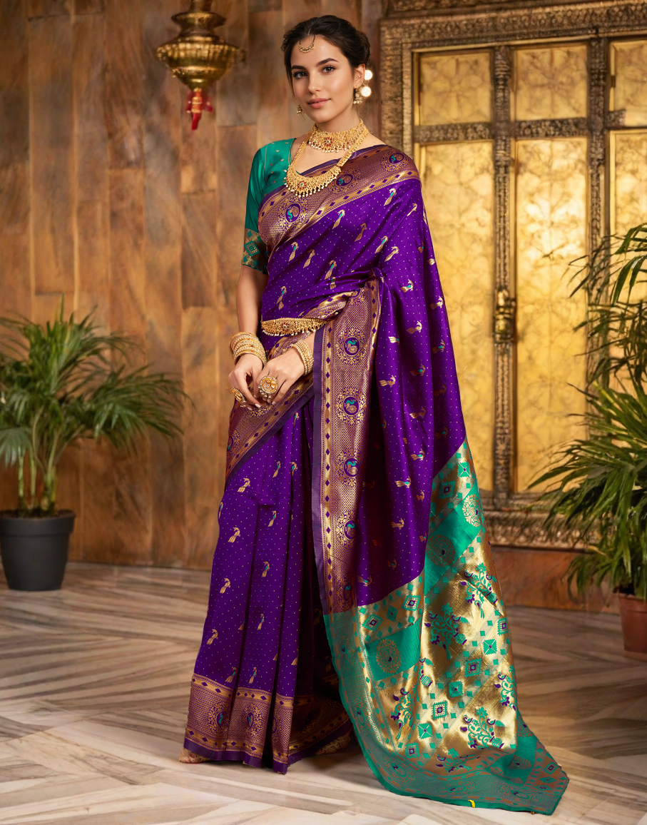 Traditional purple paithani silk saree with zari weaving work