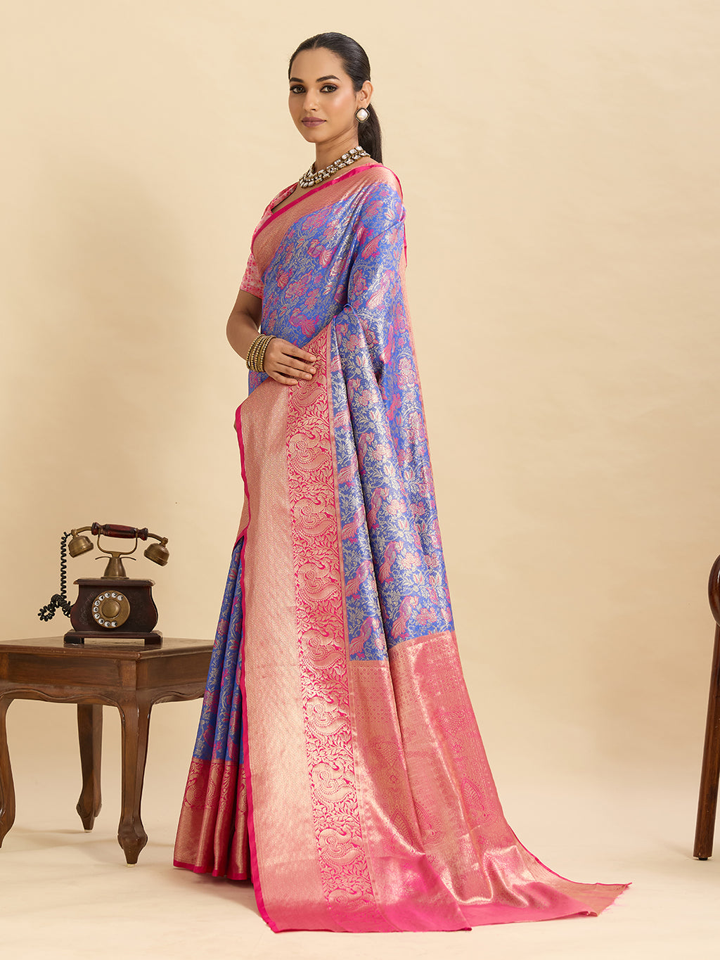 Blue kanjivaram silk saree with zari weaving work and big border