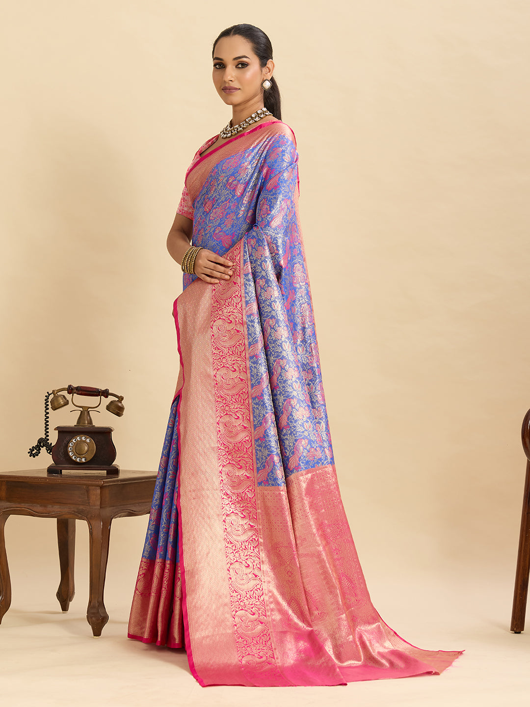 Blue kanjivaram silk saree with zari weaving work and big border
