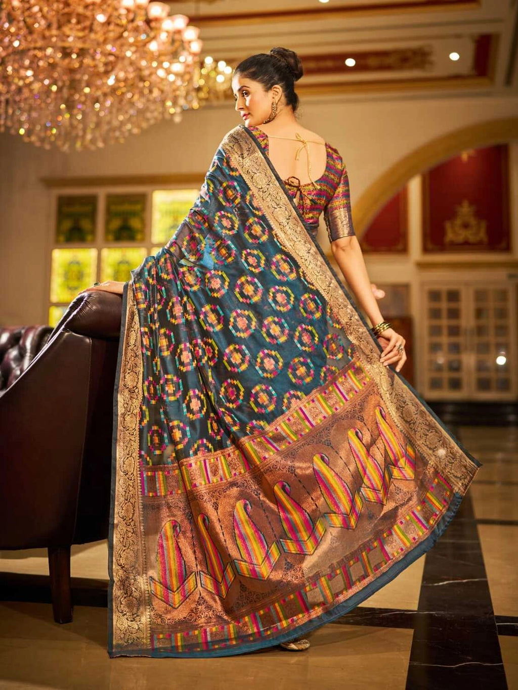 Firoji soft organza silk saree with zari weaving work
