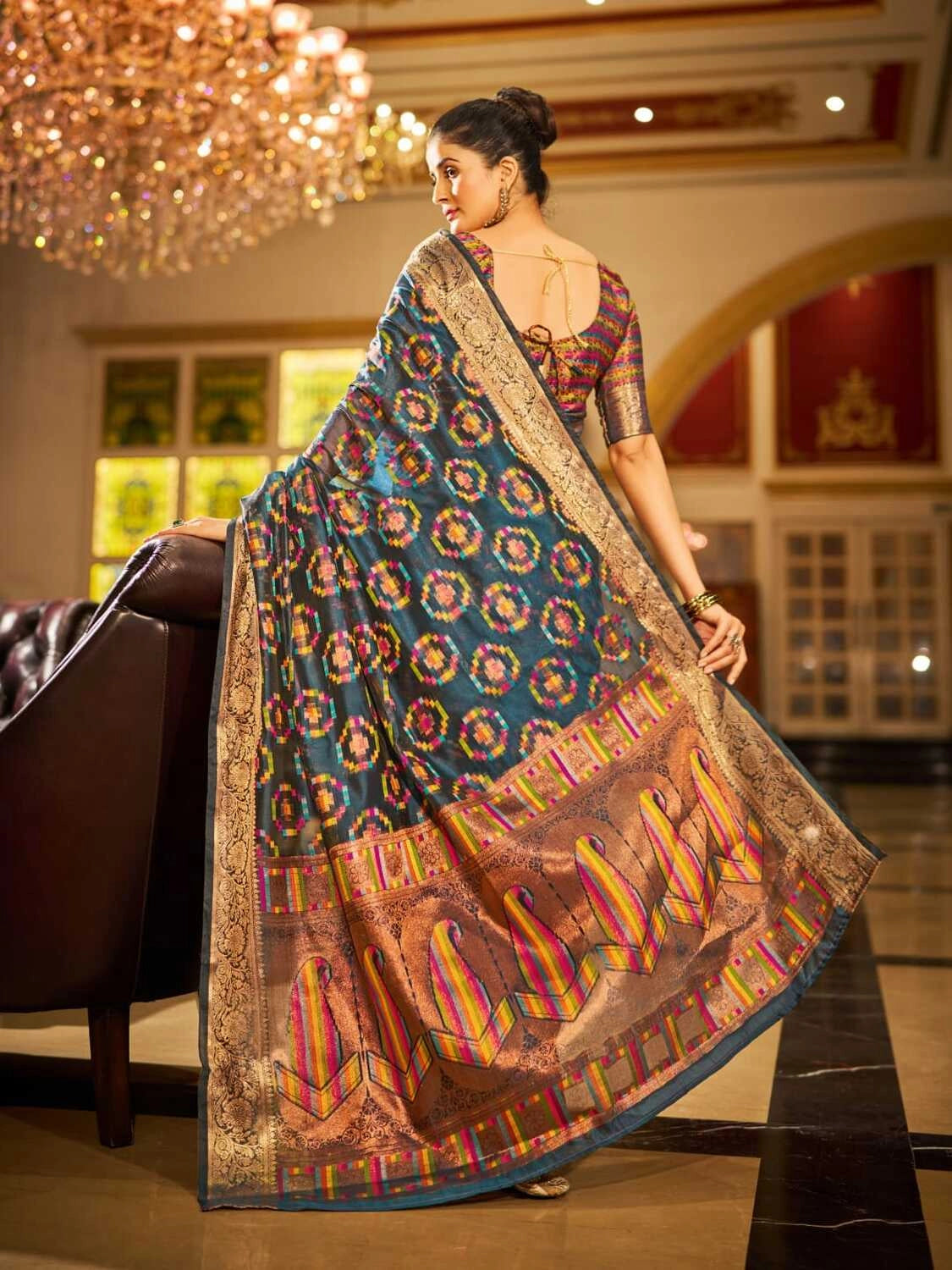 Firoji soft organza silk saree with zari weaving work
