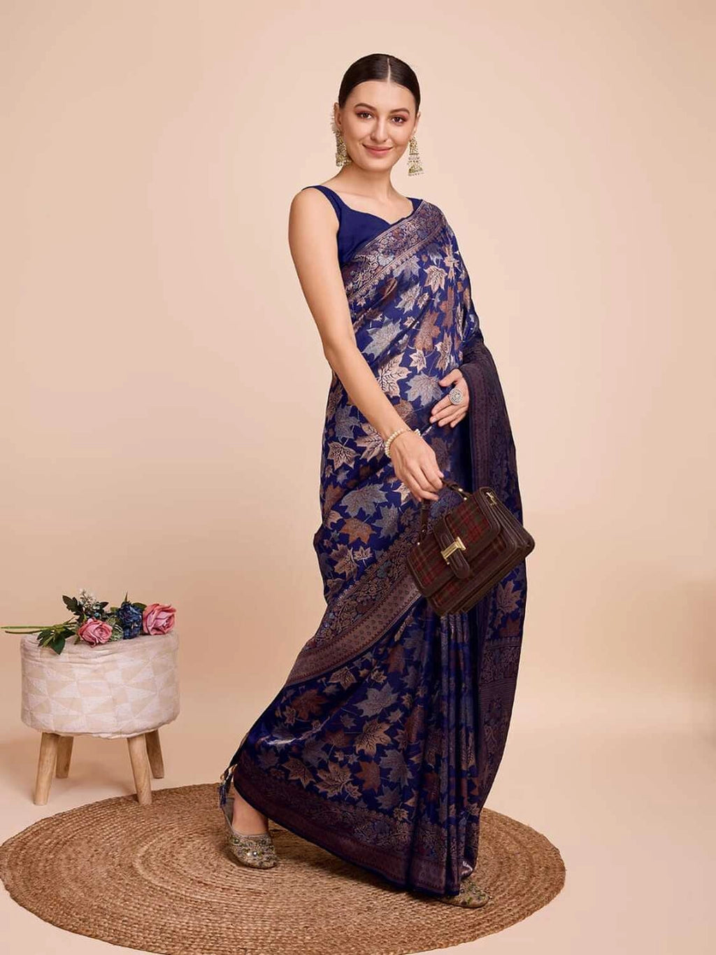 Golden & copper zari weaving with navy blue color soft silk banarasi saree