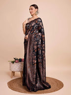 Golden & copper zari weaving with black color soft silk banarasi saree