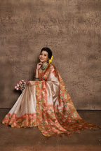 Peach color tussar silk saree with digital printed work