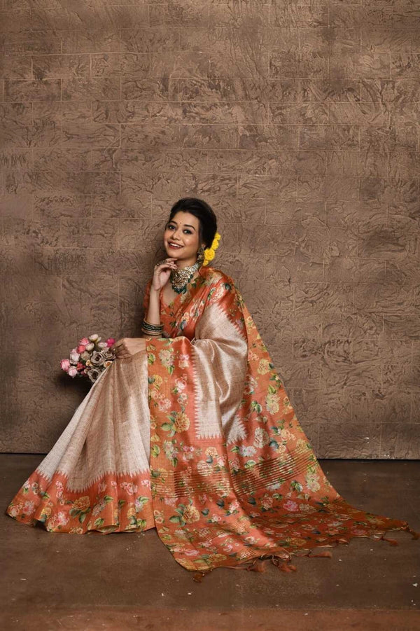 Peach color tussar silk saree with digital printed work