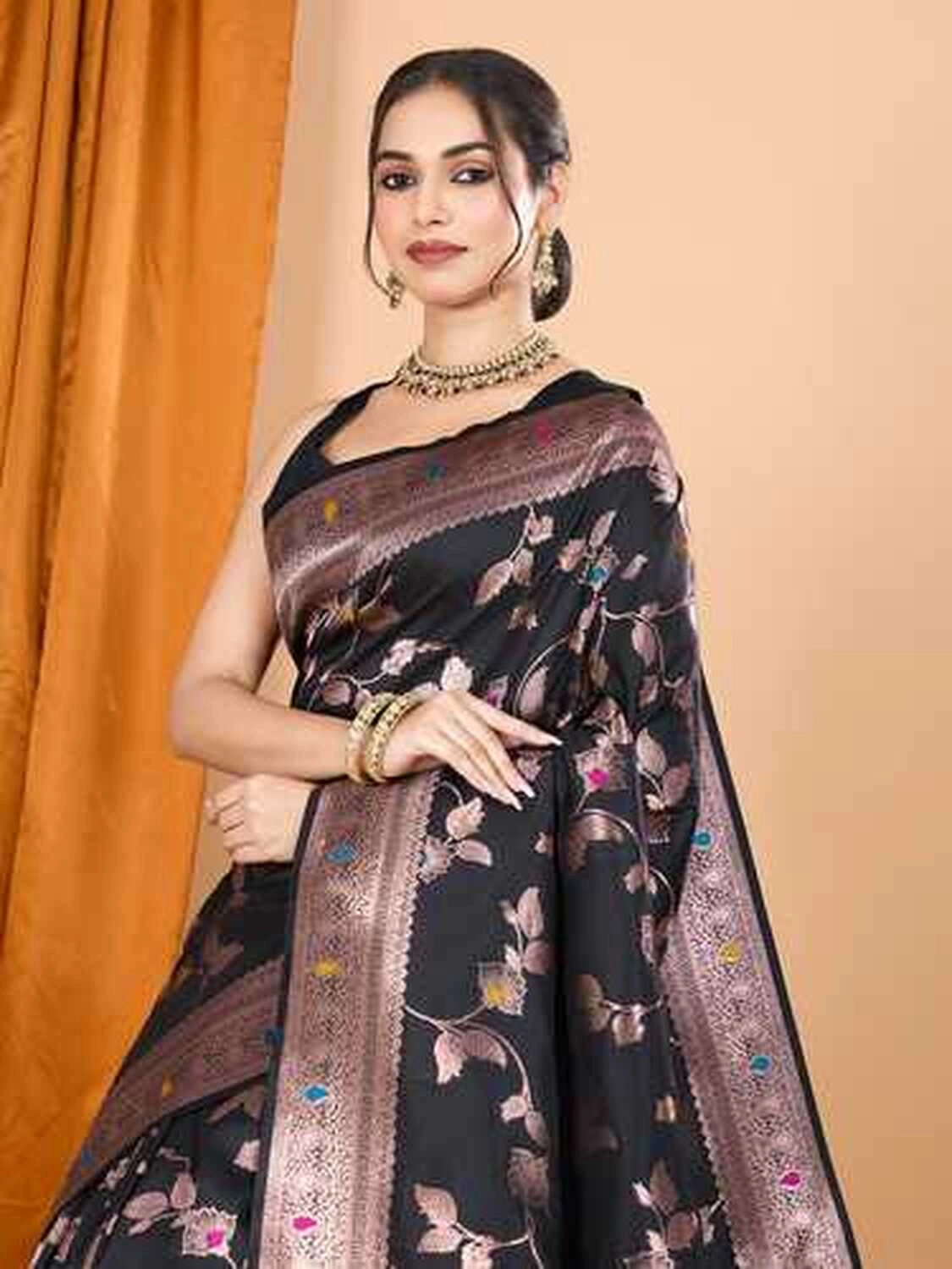 Black premium banarasi silk saree with meenakari zari weaving work