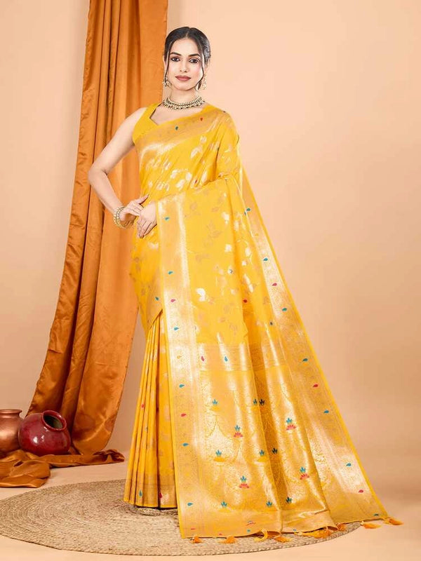 Yellow premium banarasi silk saree with meenakari zari weaving work