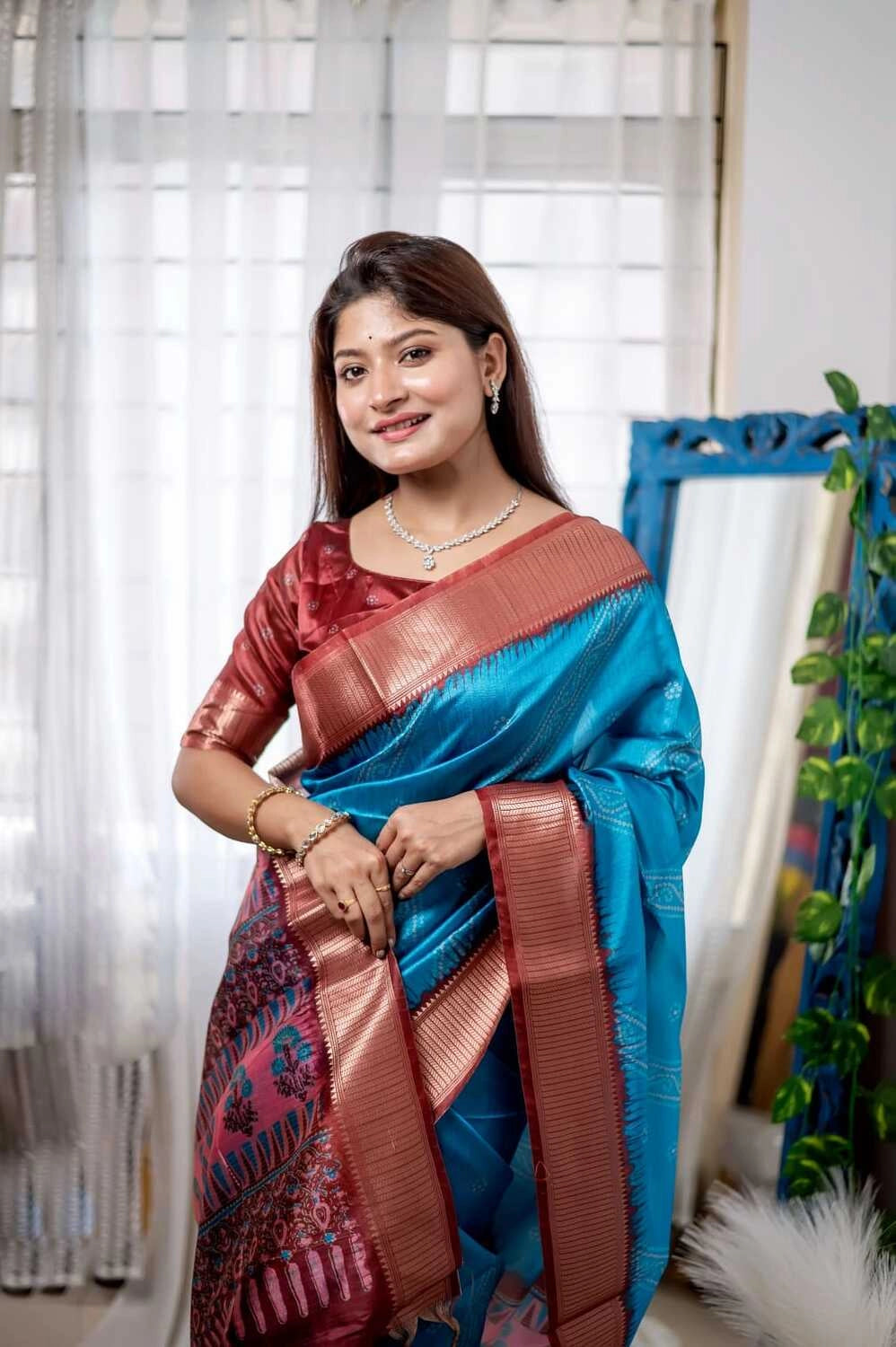 Firoji color tussar silk saree with digital printed work