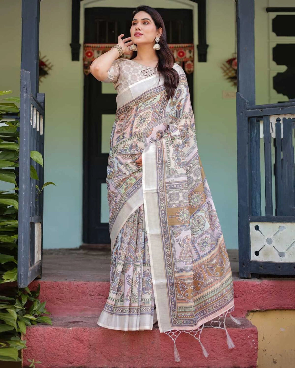 Multi summer special digital printed linen cotton saree