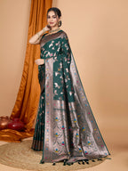 Dark green premium banarasi silk saree with meenakari zari weaving work