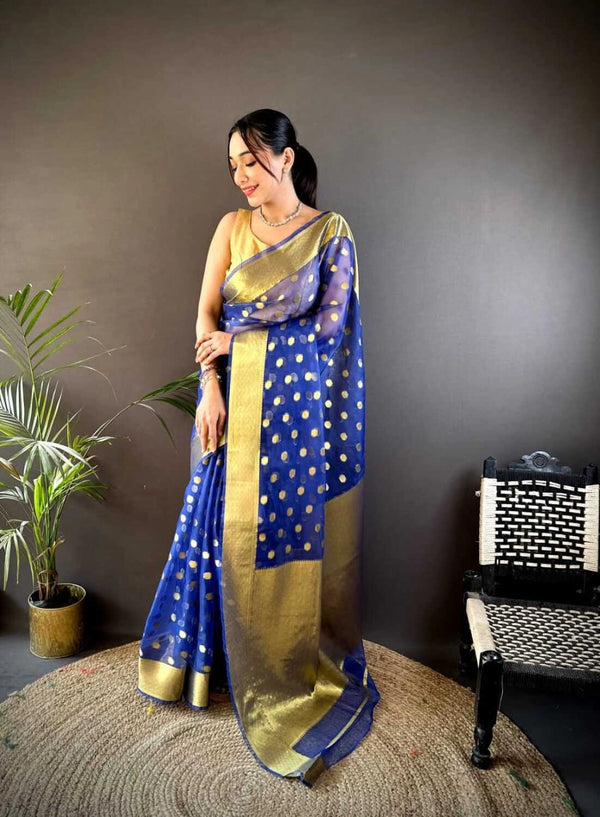 Blue latest organza silk saree with zari weaving work