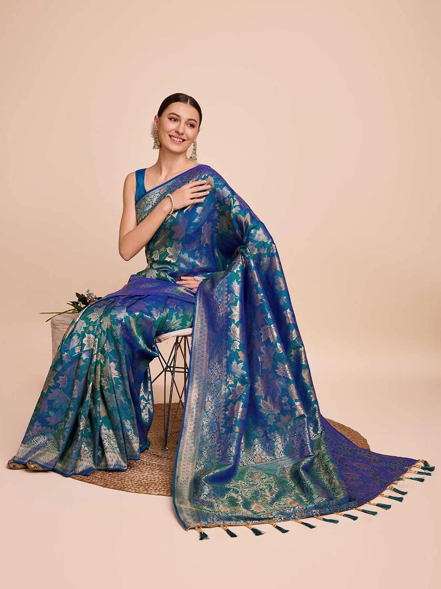 Golden & copper zari weaving with firoji color soft silk banarasi saree