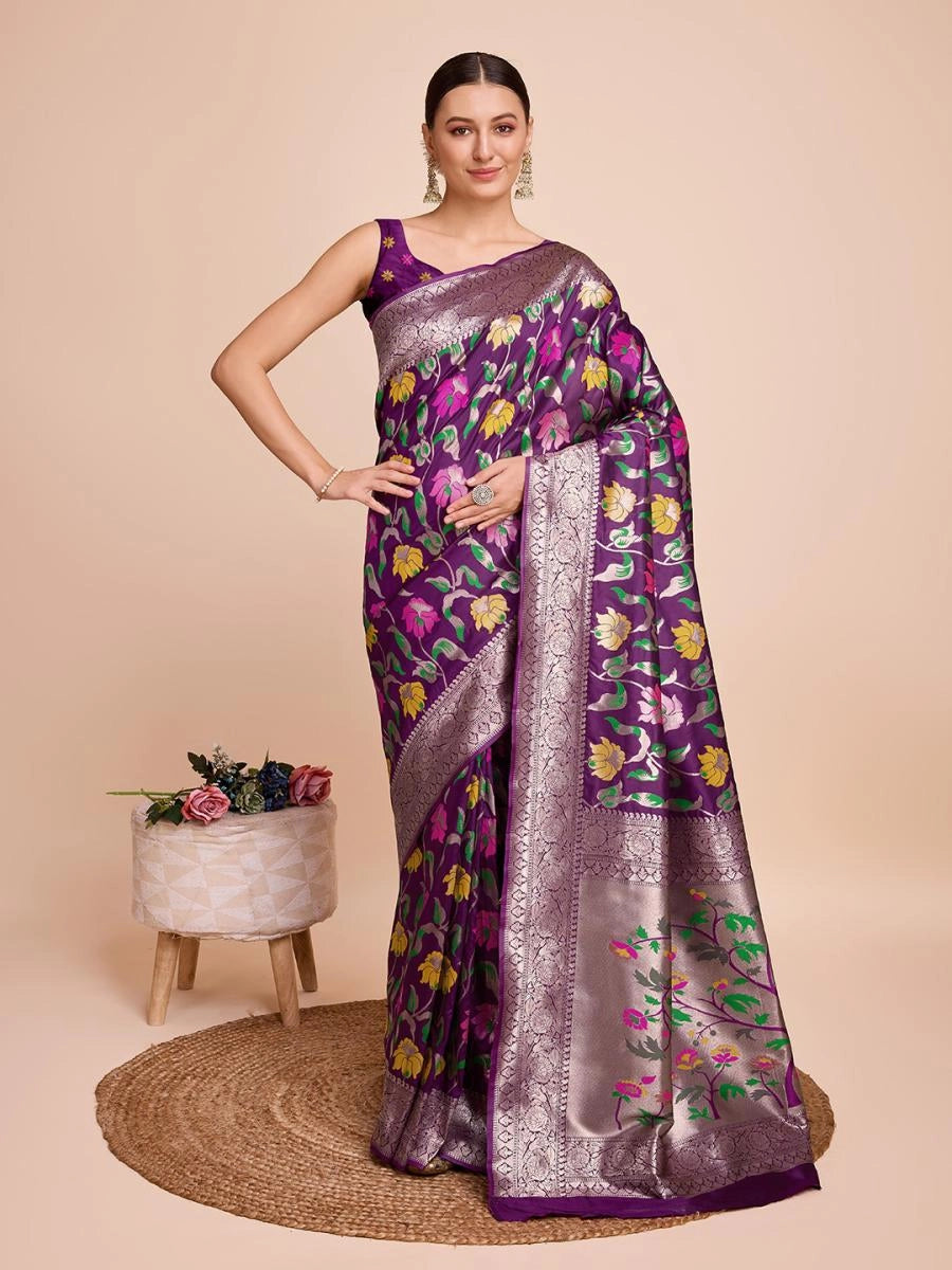 Magenta color paithani silk saree with zari weaving work