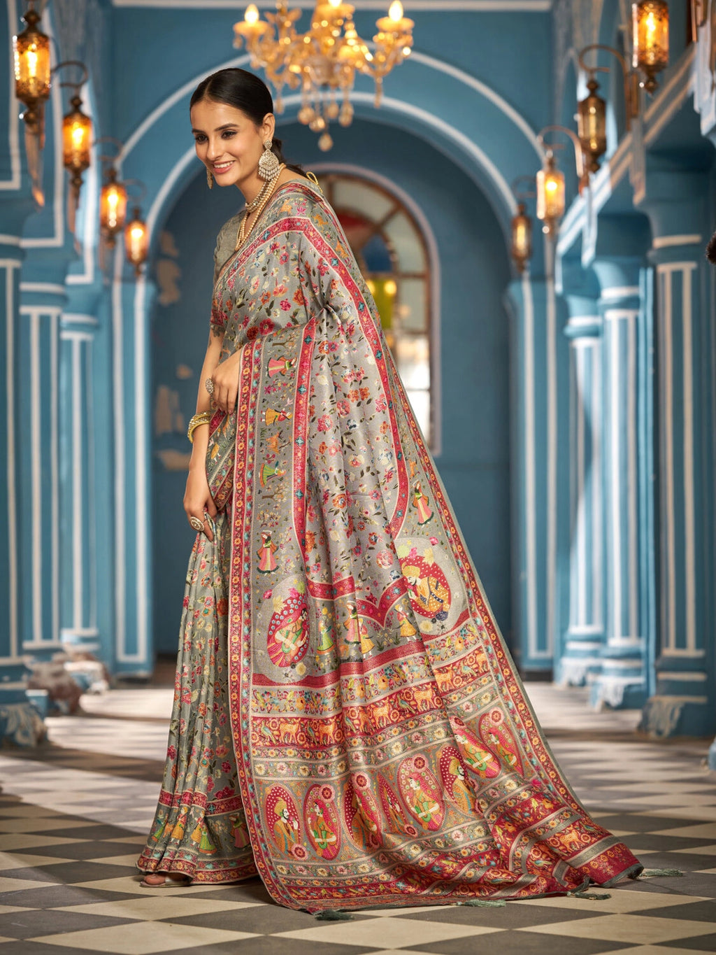 Gray exclusive pure pashmina silk saree with woven design