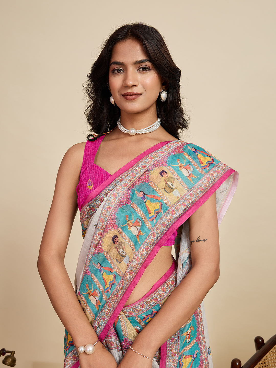 Off white linen cotton saree with digital printed work and silver zari border