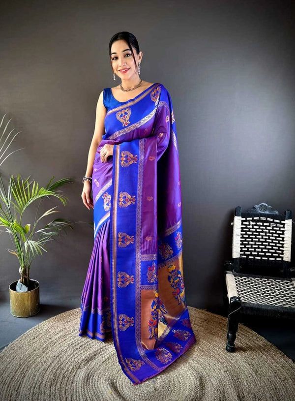 Purple traditional paithani silk saree with meenakari zari weaving work