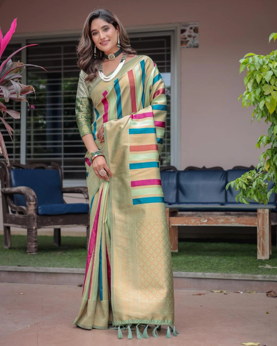 Mirana Kanjivaram pattu silk saree multi color with zari weaving rich pallu & border