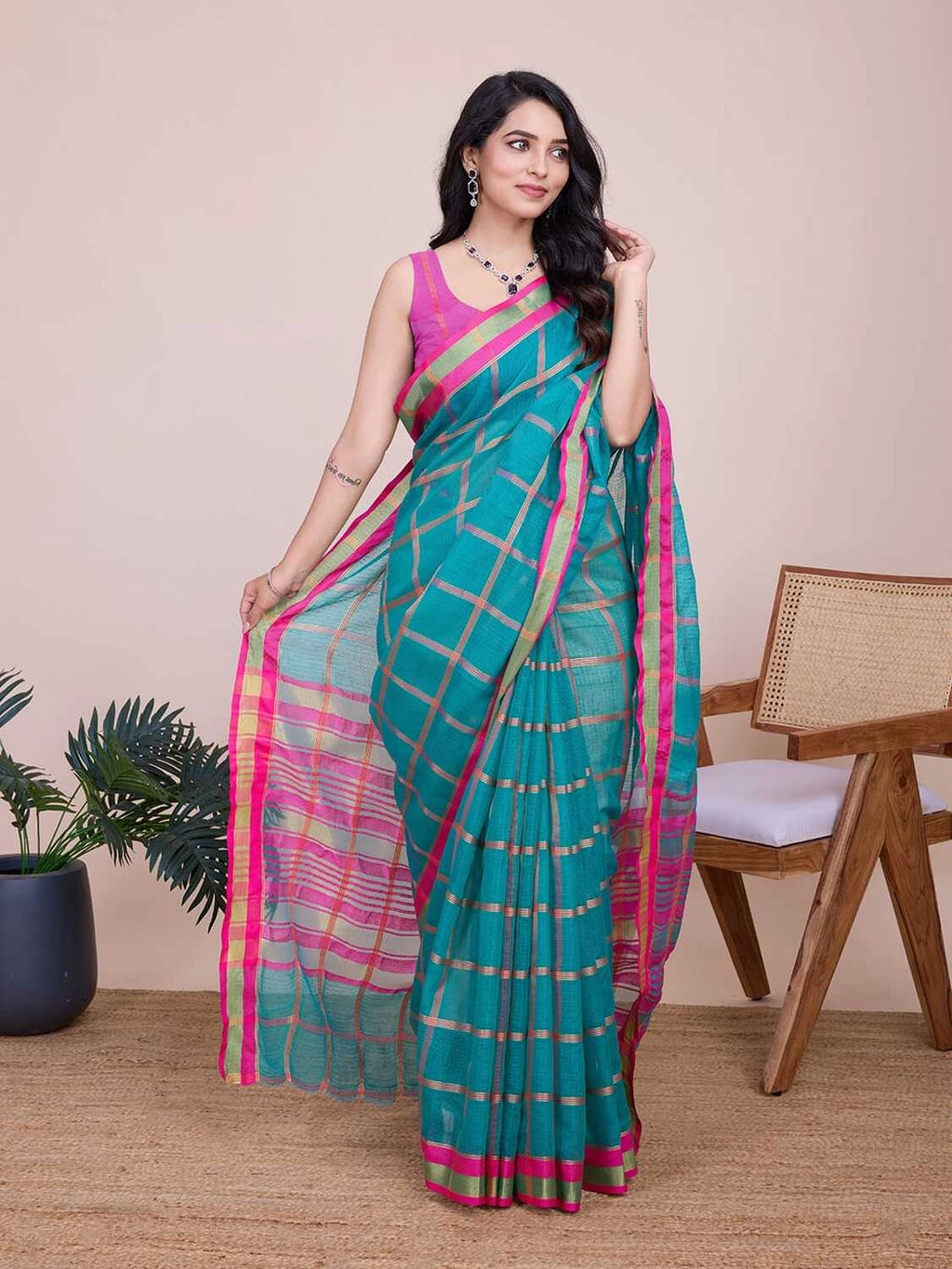 Sea green kota doriya saree with zari weaving work