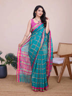 Sea green kota doriya saree with zari weaving work