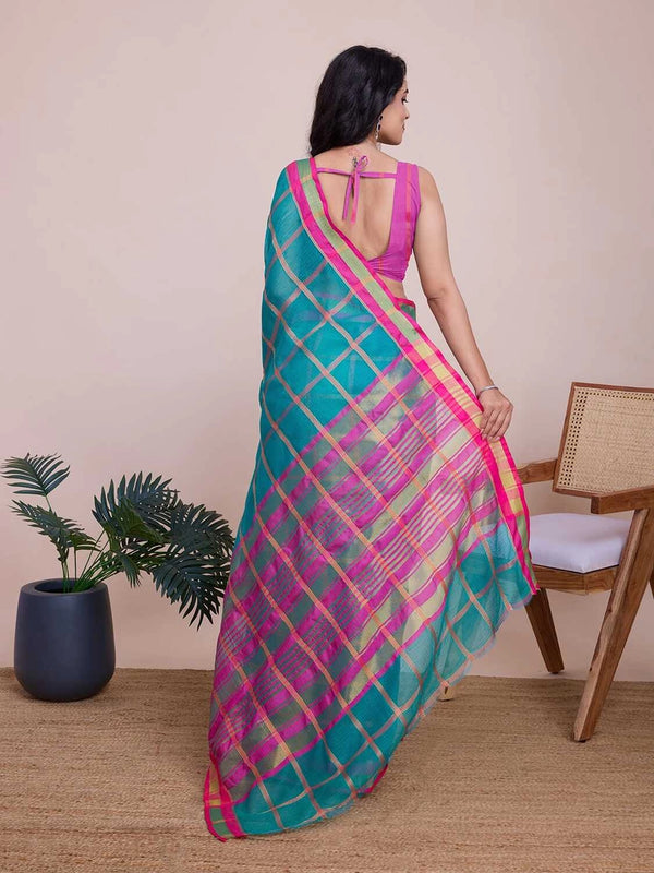 Sea green kota doriya saree with zari weaving work