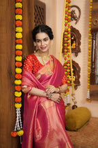 Pink color kanjivaram silk saree with zari weaving work