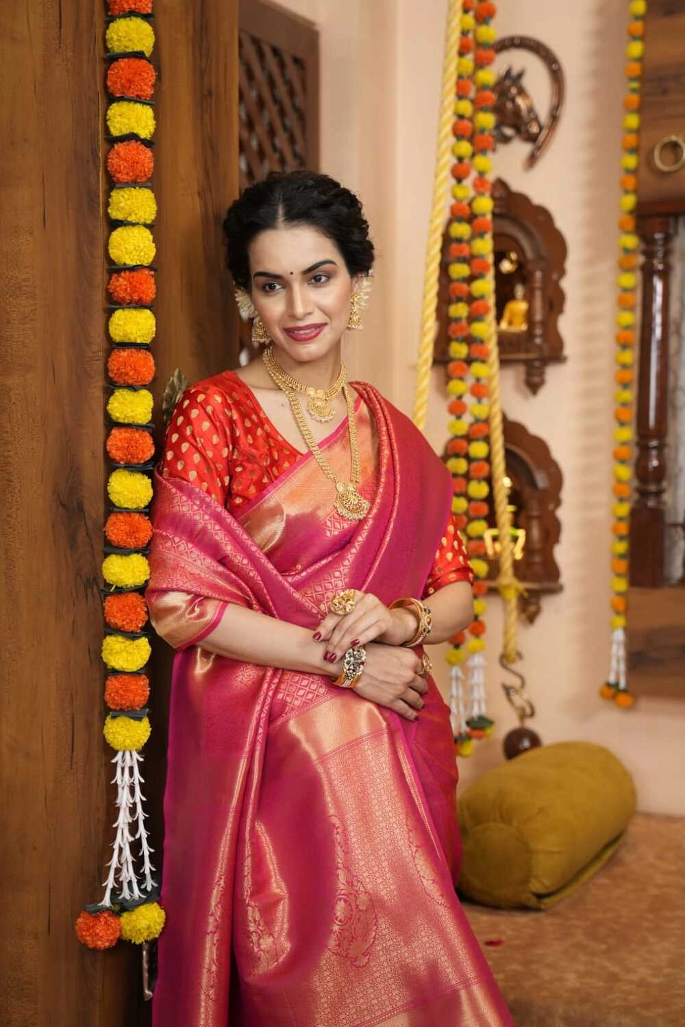 Pink color kanjivaram silk saree with zari weaving work