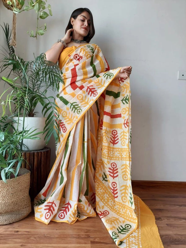 Lakshmee Gajari soft flowy linen cotton saree with digital printed work
